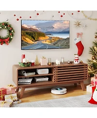Gymax Tv Stand with Sliding Door Adjustable Shelves and Rubber Wood Legs for TVs