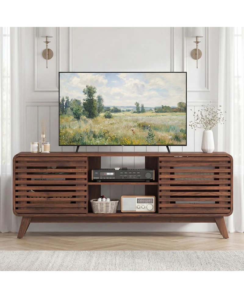 Gymax Tv Stand Mid Century Modern Entertainment Center with Grille-style Sliding Doors