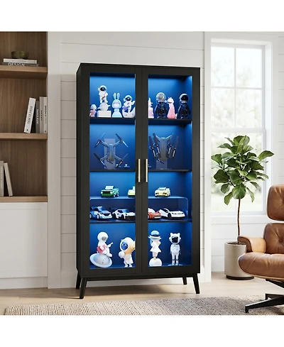 homfan Glass Door Display Cabinet with Motion Sensor Led Lighting, Integrated Usb Power Port and Open Shelving Secure Anti Tip Storage Showcase