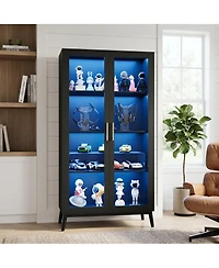 homfan Glass Door Display Cabinet with Motion Sensor Led Lighting, Integrated Usb Power Port and Open Shelving Secure Anti Tip Storage Showcase