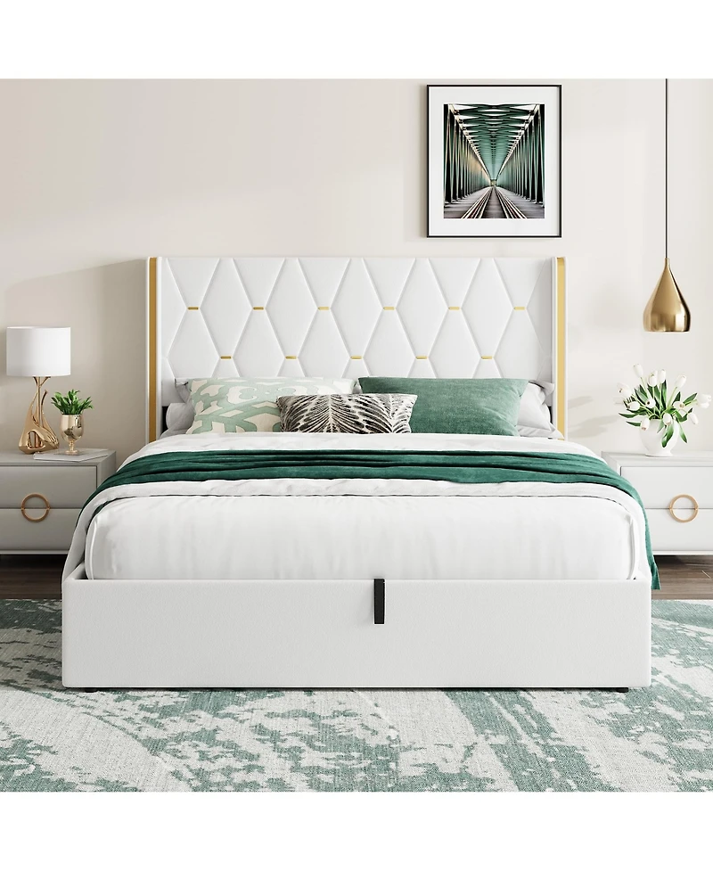 homfan Velvet Lift-Up Storage Bed Frame with Wingback Headboard and Gold Trim, Diamond Tufted Platform Bed