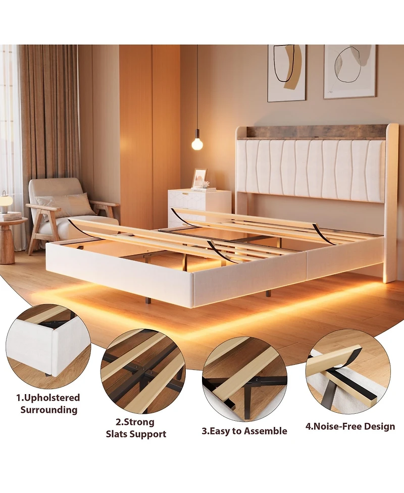 homfan Floating Platform Bed Frame with Led Lights, Charging Station and Storage Headboard, Upholstered Bed