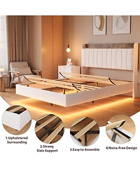 homfan Floating Platform Bed Frame with Led Lights, Charging Station and Storage Headboard, Upholstered Bed