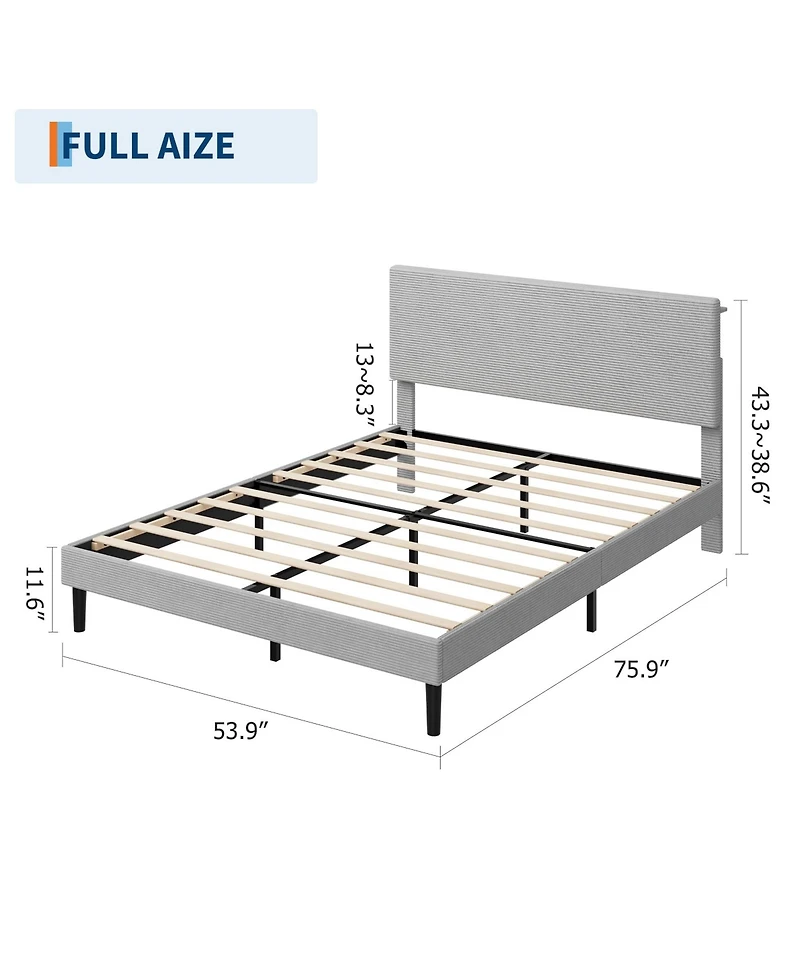 homfan Corduroy Upholstered Platform Bed Frame with Usb Charging Station, Adjustable Storage Headboard
