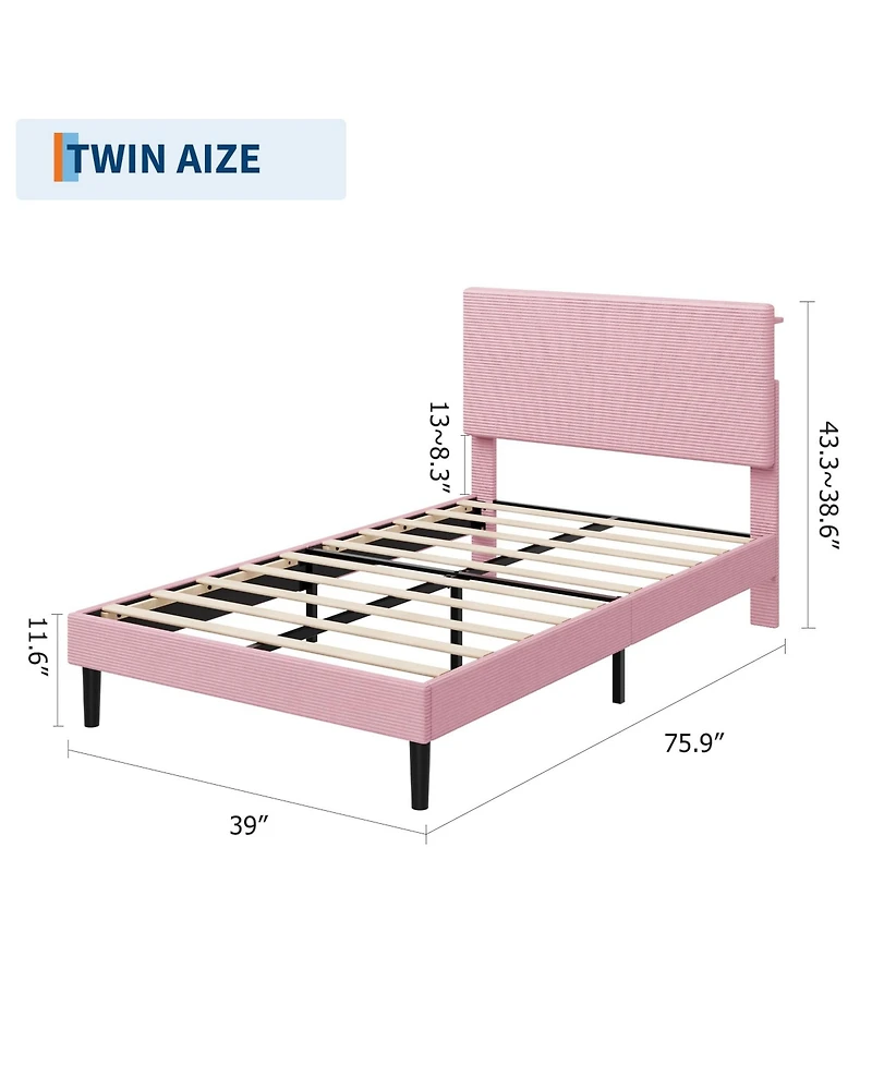 homfan Corduroy Upholstered Platform Bed Frame with Usb Charging Station, Adjustable Storage Headboard