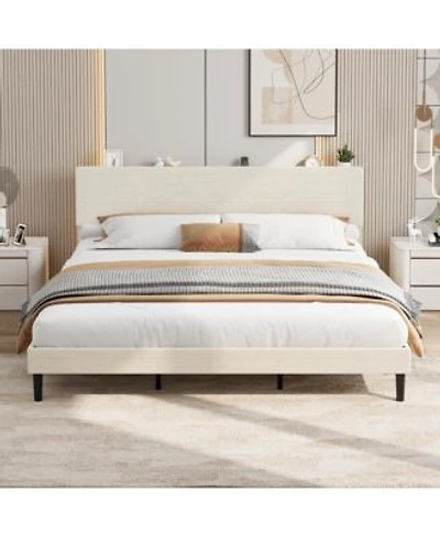 Homfan Corduroy Upholstered Platform Bed Frame With Usb Charging Station Adjustable Storage Headboard Wood Slat Support