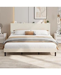 Homfan Corduroy Upholstered Platform Bed Frame With Usb Charging Station Adjustable Storage Headboard Wood Slat Support