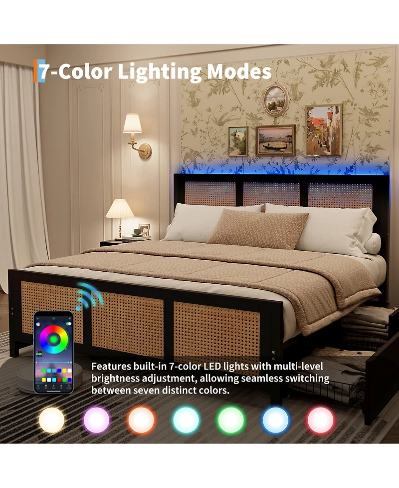 homfan Rattan Platform Bed Frame with Led Headboard and 4 Drawers