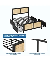 homfan Rattan Platform Bed Frame with Led Headboard and 4 Drawers