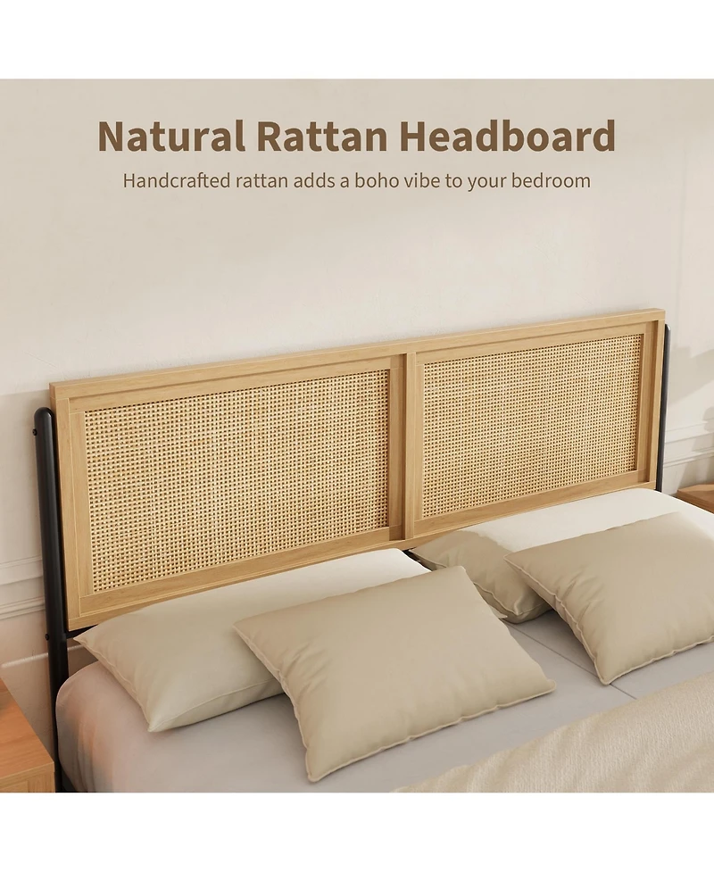 homfan Boho Rattan Platform Bed Frame with Headboard and Footboard, Quiet Support, Underbed Storage