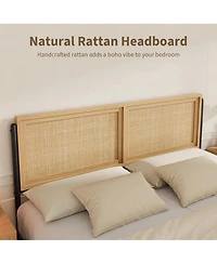 homfan Boho Rattan Platform Bed Frame with Headboard and Footboard, Quiet Support, Underbed Storage