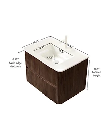 Thirtypeachy 30" Retro Walnut Modern Floating Bathroom Vanity, Ceramic Sink with 2 Drawers, Pre-assembled Plywood Cabinet