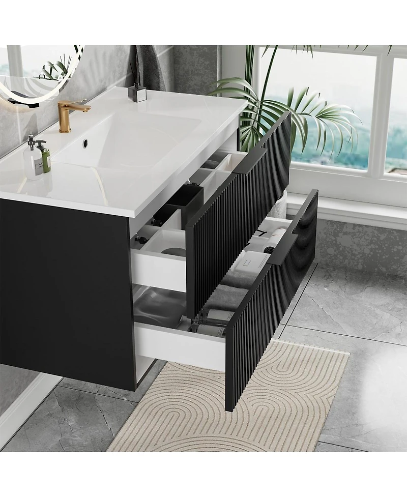 Thirtypeachy 36" Modern Floating Vanity With Ceramic Sink, Fluted Wall-Mount Cabinet, 2 Drawers U-Shaped Cutout