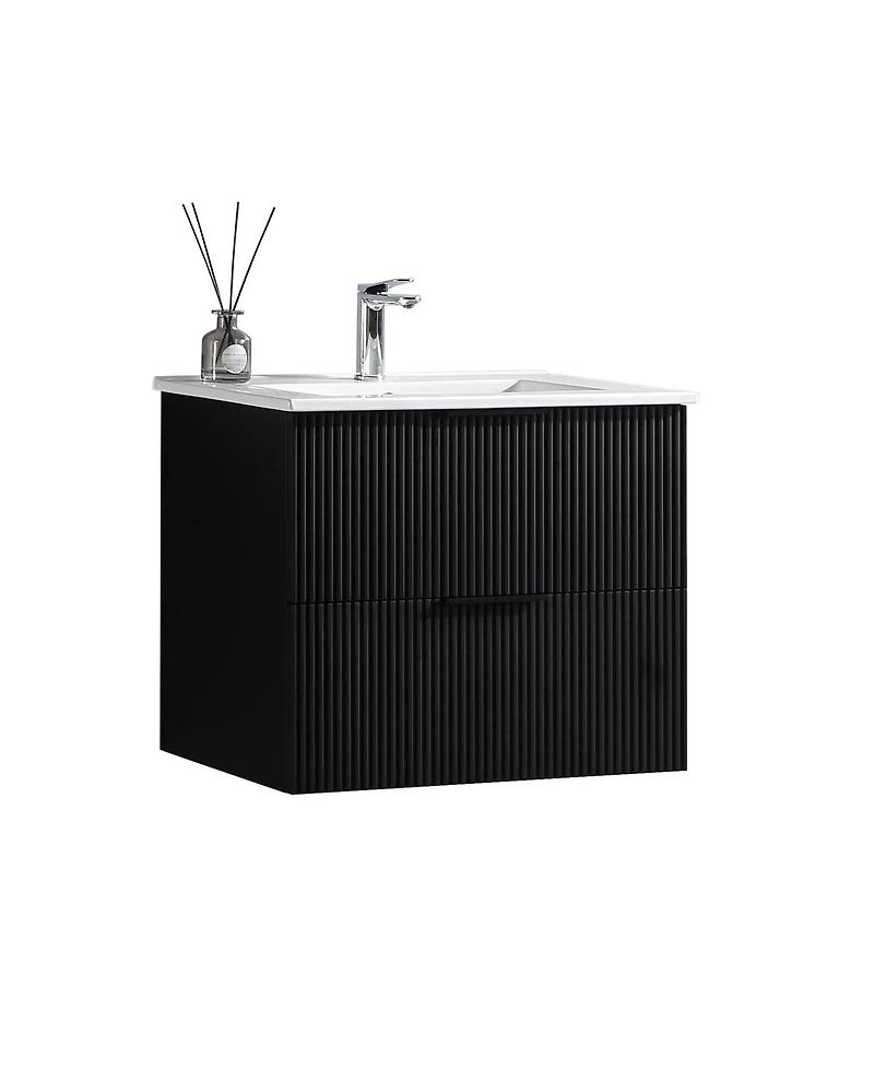 Thirtypeachy Modern Floating Vanity With Ceramic Sink,Fluted Wall-Mount Cabinet, 2 Drawers U-Shaped Cutout