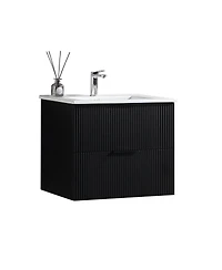 Thirtypeachy Modern Floating Vanity With Ceramic Sink,Fluted Wall-Mount Cabinet, 2 Drawers U-Shaped Cutout