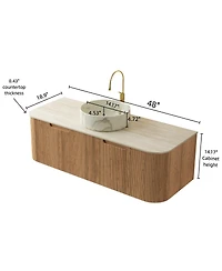 Sillysis Wall Mounted Bathroom Vanity with Sintered Stone Top, Round Ceramic Sink, Wood Grain Drawer