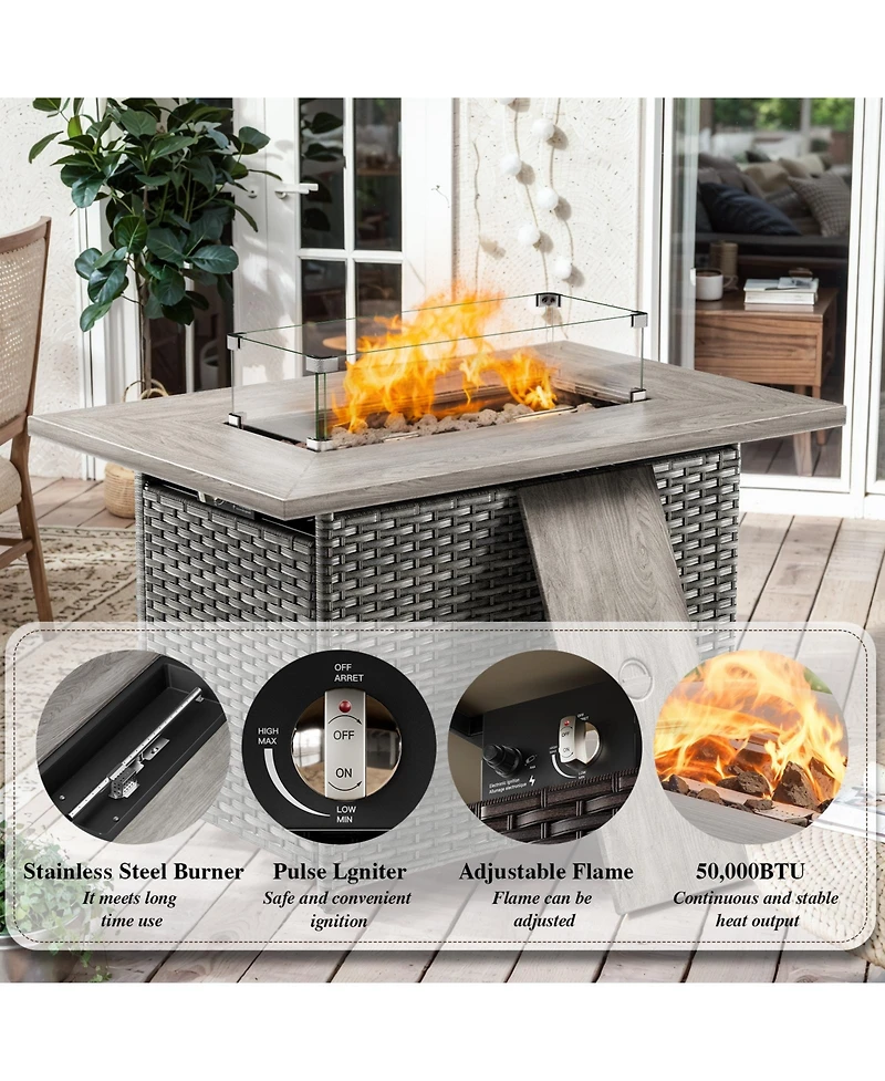 Pocassy Rectangular Propane Fire Pit with 50,000 Btu Output, Fire Pit Table for Outside Patio with volcanic Stones and Wind Guard