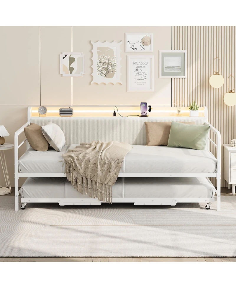 homfan Twin Daybed with Pop-Up Trundle, Led Lights, Charging Station and Corduroy Storage Headboard, Metal Frame