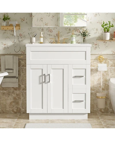 Thirtypeachy Mdf Bathroom Vanity With Smc Sink, Left-Hinged Doors, 2 Drawers, Soft-Close Hinges Hidden Slides