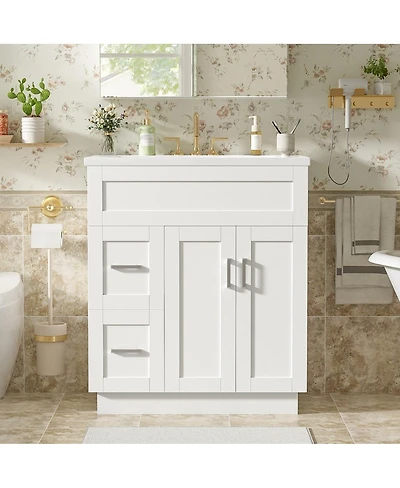 Thirtypeachy Mdf Bathroom Vanity With Smc Sink, Left-Hinged Doors, 2 Drawers, Soft-Close Hinges Hidden Slides