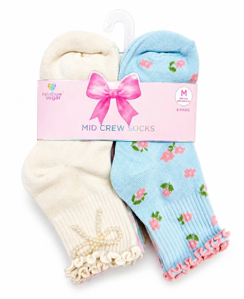 Rainbow Sugar Girls' 4-8.5 Mid Crew Socks, 8-Pack