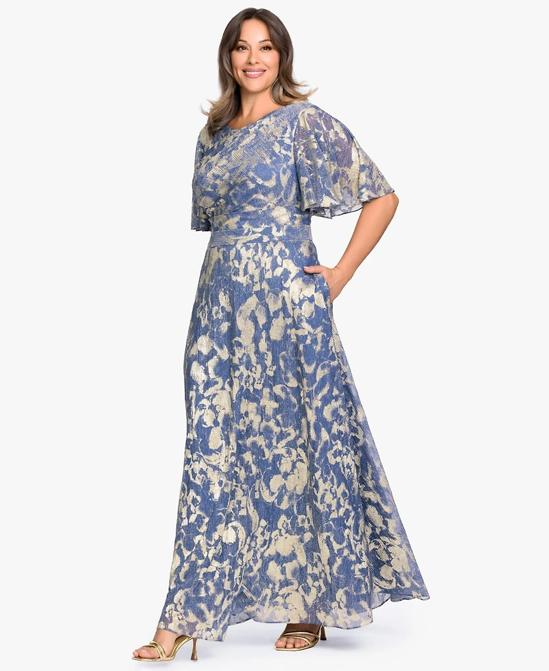 Betsy & Adam Plus V-Neck Foil Printed Gown