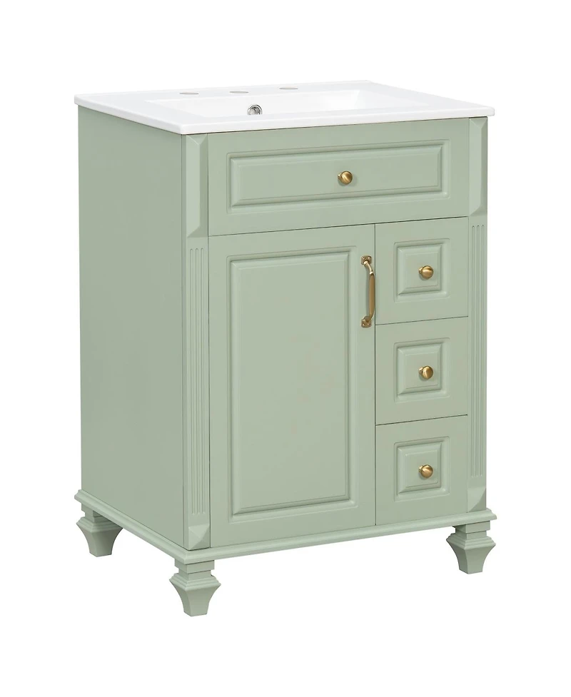 Thirtypeachy Freestanding Vanity With Ceramic Sink, Solid Wood and Mdf Cabinet, Flip-Out Drawer 3 Drawers