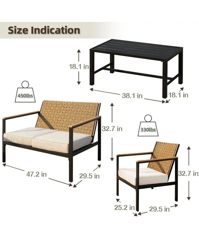 Yiortwo 4 Piece Metal Patio Furniture Set Outdoor Loveseat Chairs with Cushions