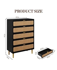 homfan Tall Boho 5-Drawer Rattan Dresser, Wooden Storage Cabinet with Deep Drawers for Multi-Space Use