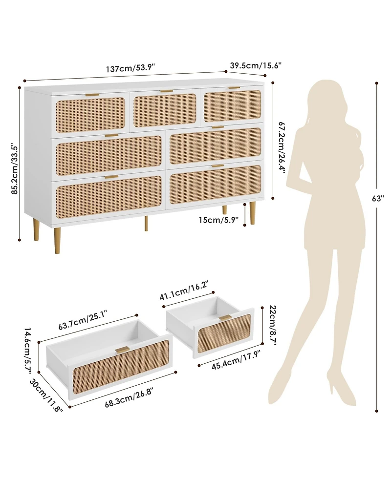 homfan Rattan 5-Drawer Tall Dresser, Wooden Chest with Deep Drawers and Wide Top for Bedroom, Living Room Hallway