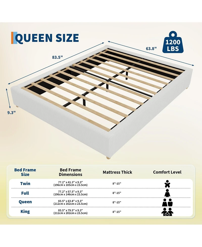 homfan Upholstered Low Platform Bed Frame with Round Wood Legs, No Headboard, Slat Support