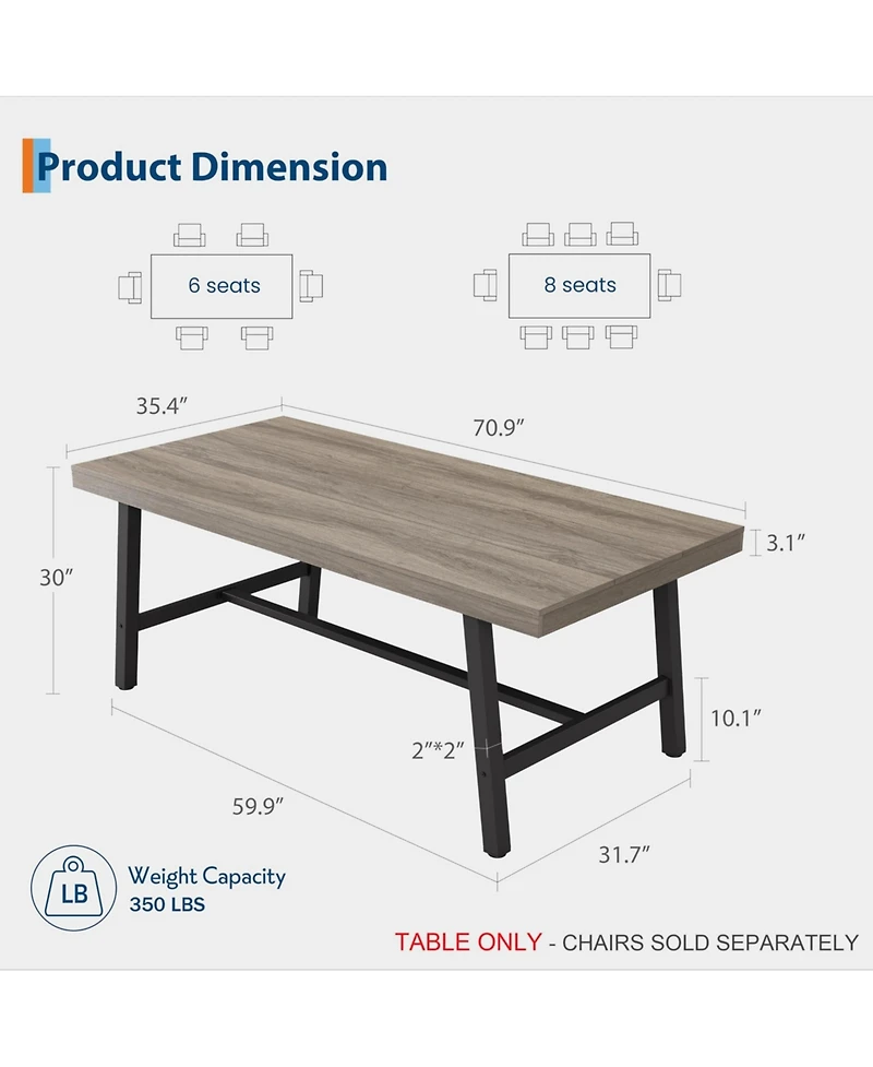 gaomon Dining Table for 6-8 People, Rectangular Wood Kitchen with Sturdy Metal Frame, Industrial Large Counter Dinner,