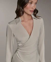 Donna Karan New York Women's Long-Sleeve Satin Collared V-Neck Midi Wrap Dress