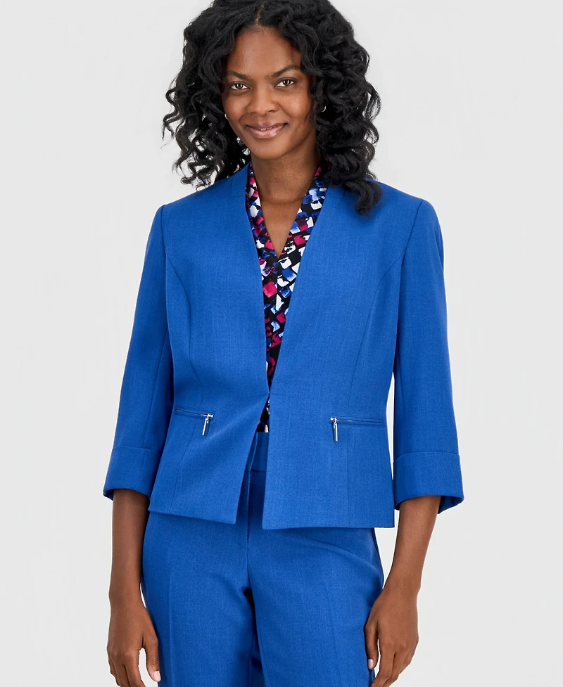 Kasper Women's Collarless Zip-Pocket Cuffed-Sleeve Jacket