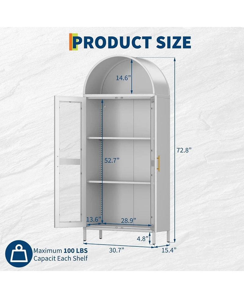 gaomon 73" Modern Arched Metal Storage Cabinet with Glass Doors for Living Room, Pantry Bookshelf, White