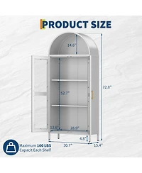 gaomon 73" Modern Arched Metal Storage Cabinet with Glass Doors for Living Room, Pantry Bookshelf, White