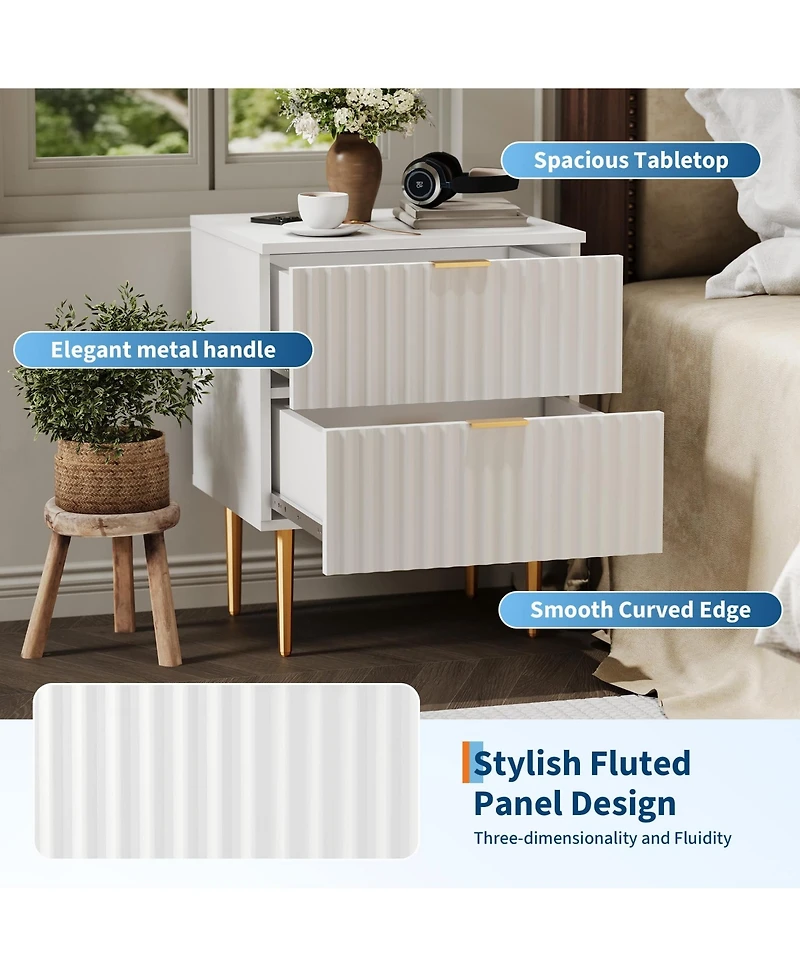 homfan 1Piece/2Piece Modern Fluted Nightstands, Built-in Usb Charging Station and Power Outlets, 2 Drawers, Gold and Wood Accents for Bedroom