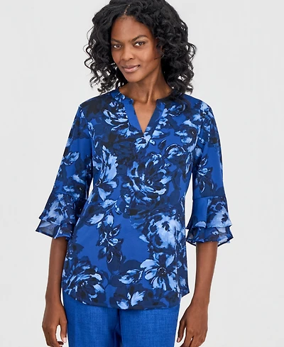 Kasper Petite Split Neck Flutter-Sleeve Blouse