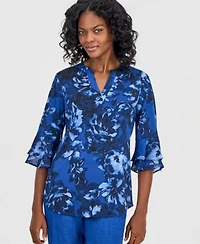 Kasper Womens Mixed Media Tiered Flutter Sleeve Top