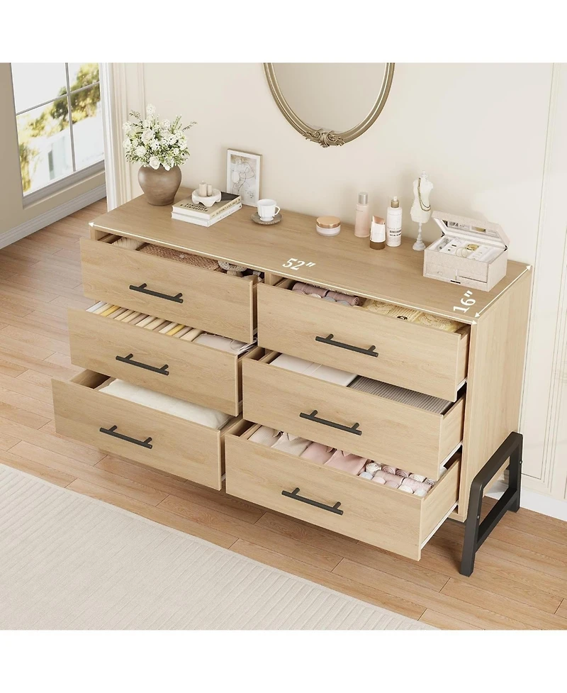 gaomon 6 Drawer Dresser, 52" Wide Wooden Storage Chest for Bedroom, Living Room, Entryway