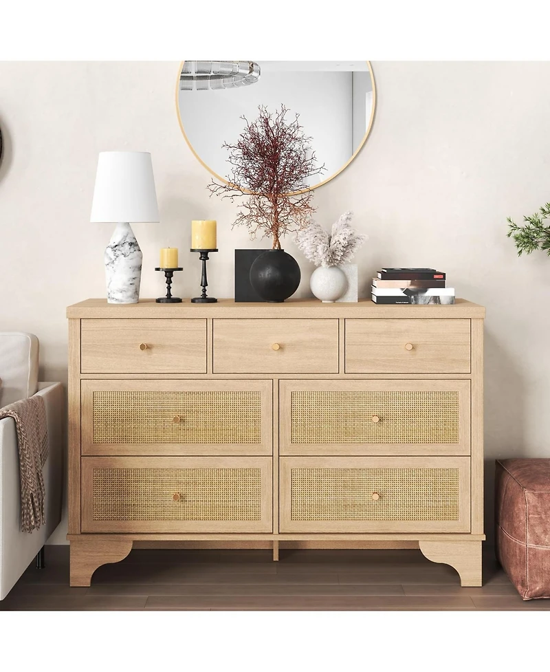 gaomon Spacious 7 Drawer Dresser, Mid-Century Wooden Storage Chest with Rattan Panels