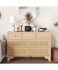 gaomon Spacious 7 Drawer Dresser, Mid-Century Wooden Storage Chest with Rattan Panels