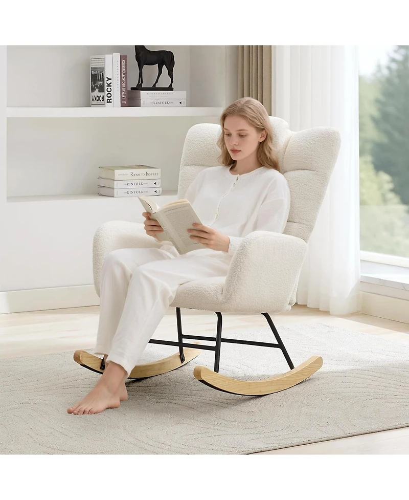 Gaomon Modern Teddy Fabric Rocking Chair, High Back Glider Rocker - Cozy Reading Armchair with Soft Cushion for Living Room, Nursery, Bedroom