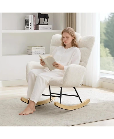 Gaomon Modern Teddy Fabric Rocking Chair, High Back Glider Rocker - Cozy Reading Armchair with Soft Cushion for Living Room, Nursery, Bedroom