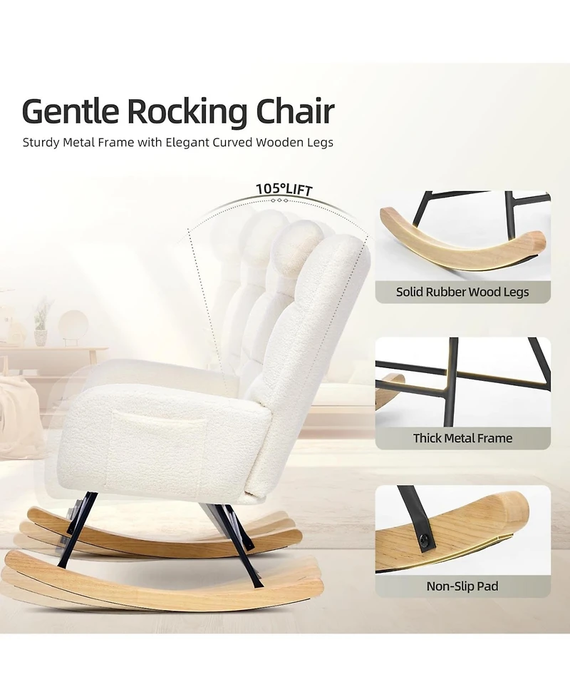 Gaomon Modern Teddy Fabric Rocking Chair, High Back Glider Rocker - Cozy Reading Armchair with Soft Cushion for Living Room, Nursery, Bedroom