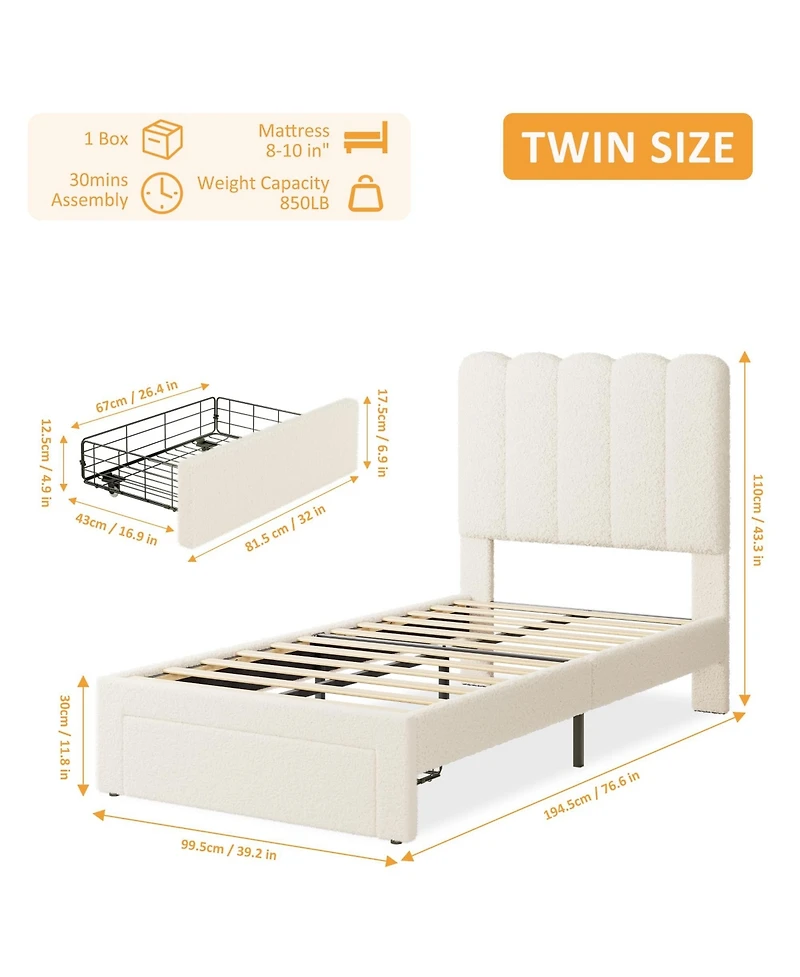 Gaomon Bed Frame with Under, Upholstered Platform Bed with Wave Headboard for Kids/Girls, No Box Spring Needed