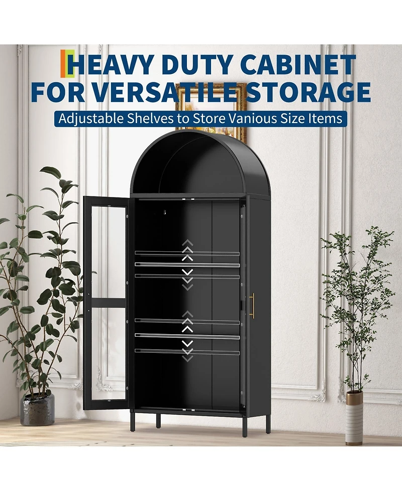 Gaomon 73" Tall Arched Metal Storage Cabinet with Glass Doors, Modern Freestanding Pantry Cabinet for Kitchen, Dining Room, Living Room