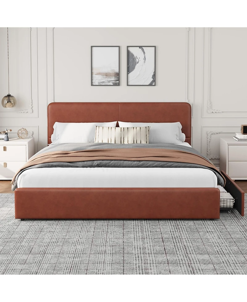 homfan Upholstered Platform Bed Frame with Headboard and 2 Storage Drawers, Wood Slat Support