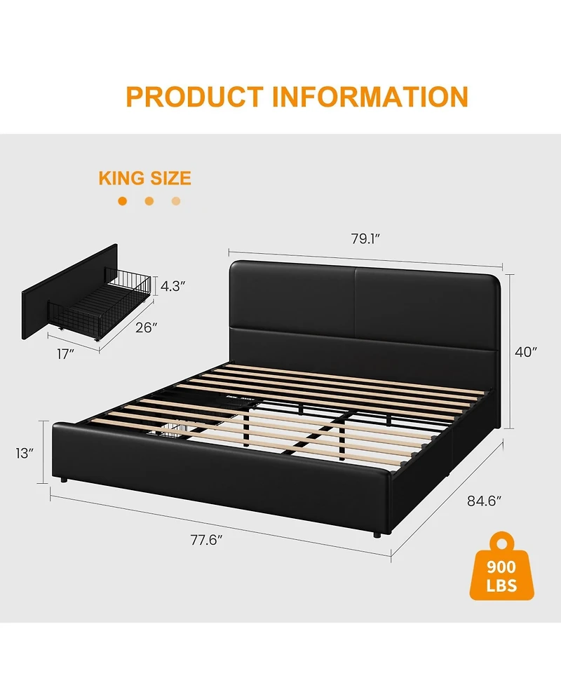homfan Upholstered Platform Bed Frame with Headboard and 2 Storage Drawers, Wood Slat Support