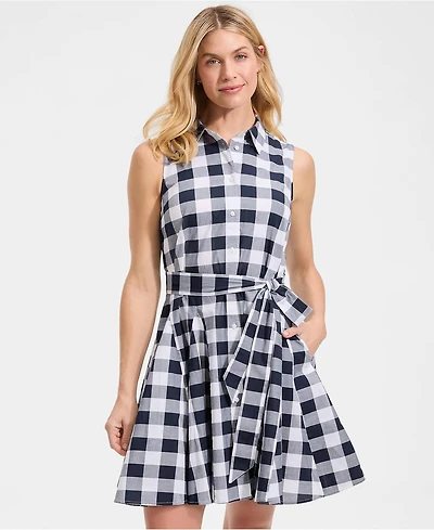 Lands' End Women's Poplin Button Front Dress with Godets
